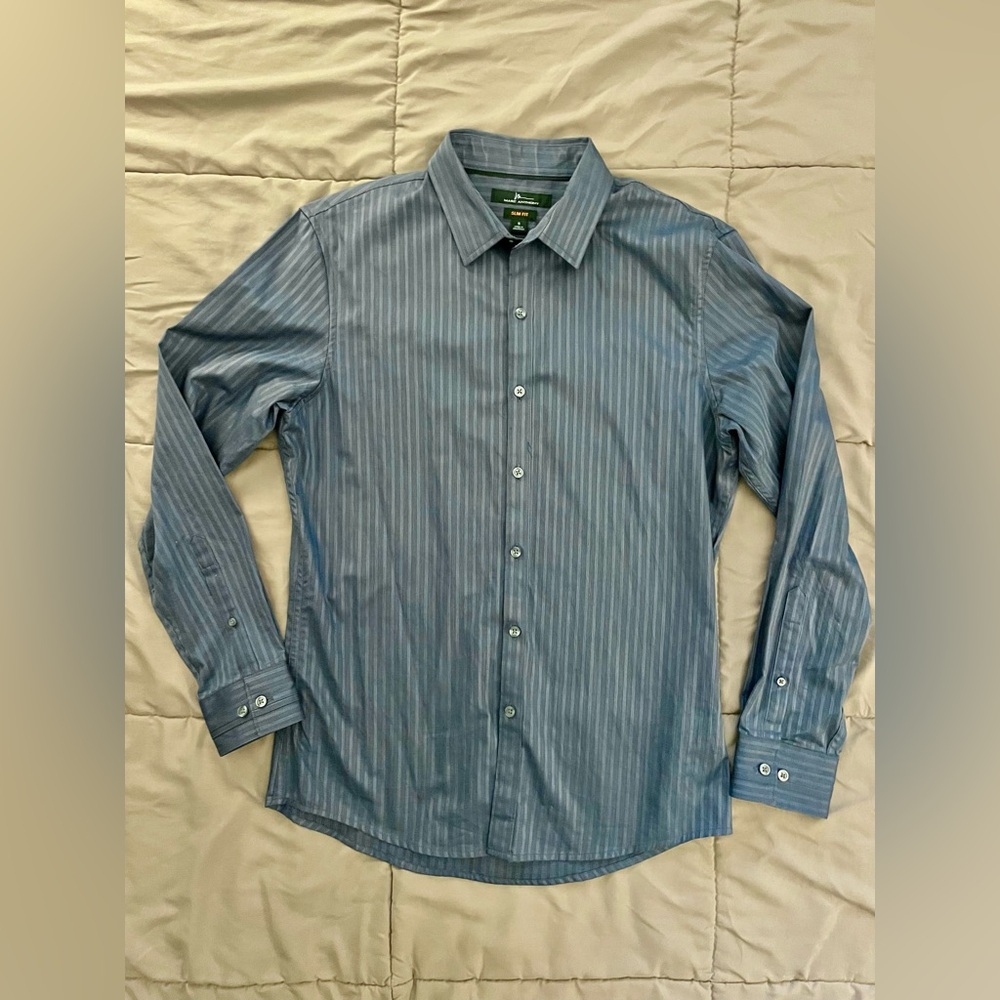 Marc Anthony Slim Fit Men's Blue/Gray long sleeved Striped Shirt, size S EUC